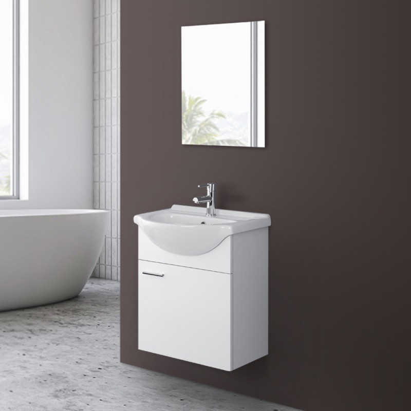 Mobiletto bagno sospeso 56x45 cm 1 anta bianco con lavandino e specchio inclusi Mobiletto bagno sospeso 56x45 cm 1 anta bianco con lavandino e specchio inclusi