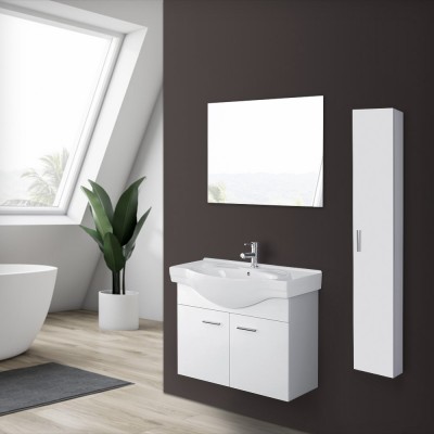 Mobile sospeso bagno 81 cm bianco lucido 2 ante con lavandino e specchio inclusi