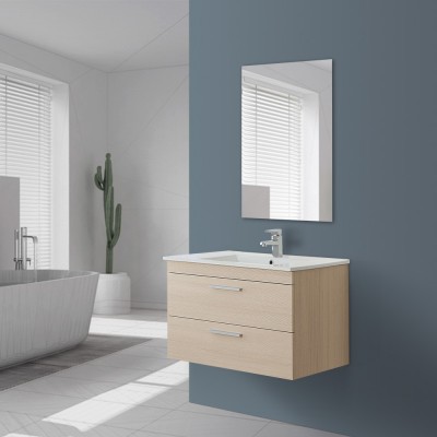 Mobile da bagno sospeso 81x50 cm larice con cassetti rallentati completo di lavabo e specchio