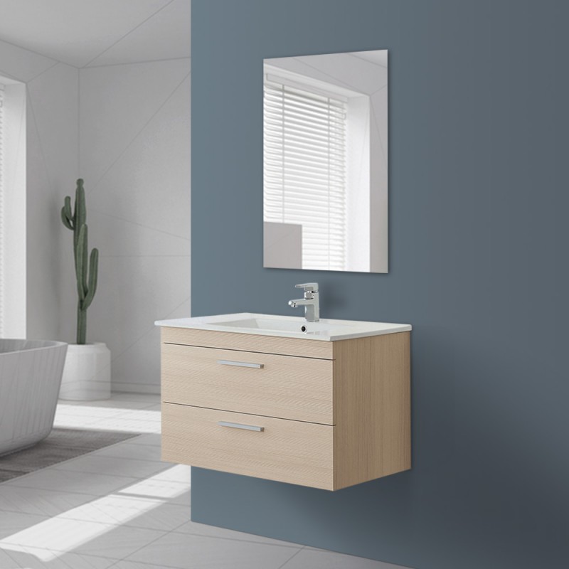 Mobile bagno sospeso moderno 81x50 cm larice con 2 cassetti rallentati