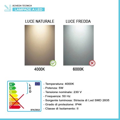 Caratteristiche tecniche lampada led specchio bagno L. 50 cm luce naturale 4000K in abs cromato