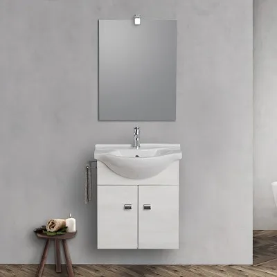 Mobiletto da bagno sospeso 55 cm rovere bianco con lavabo e specchio incluso