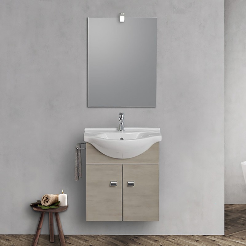 Mobiletto da bagno sospeso 55 cm rovere grigio con lavabo e specchio