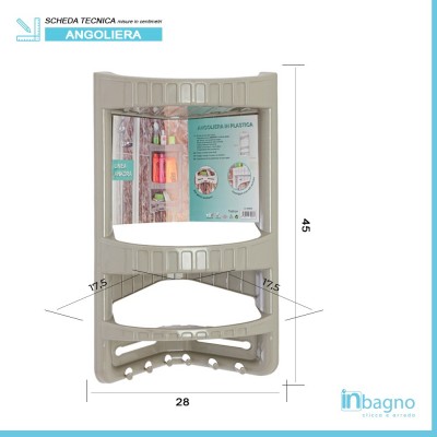 Scheda tecnica mensola doccia in plastica dalla finitura tortora con 3 ripiani e ganci porta spugna