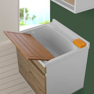 Lavatoio con mobile sospeso 60 cm rovere completo di vasca lavapanni e tavoletta in legno