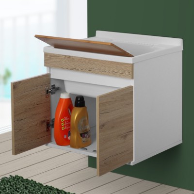 Mobile lavanderia con lavabo sospeso 60 cm rovere con kit sifone e asse strofinatoio in legno