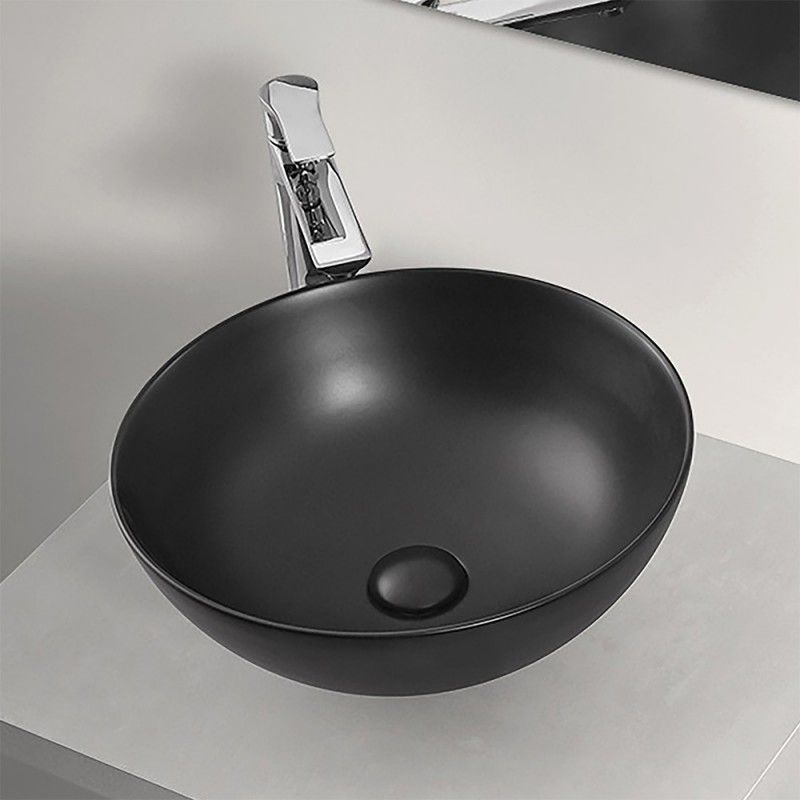 Lavabo a Bacinella Tondo 41,6 cm in Ceramica Nero Opaco da Appoggio Lavabo a Bacinella Tondo 41,6 cm in Ceramica Nero Opaco da Appoggio