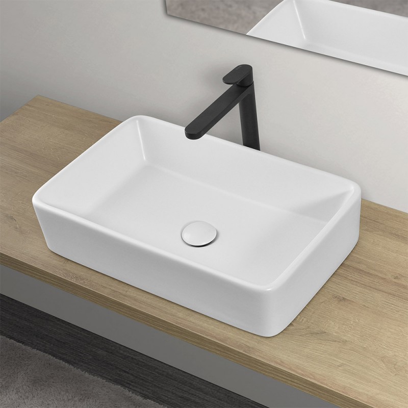 Lavabo da Appoggio Rettangolare 36x58 cm in Ceramica Bianco Opaco Lavabo da Appoggio Rettangolare 36x58 cm in Ceramica Bianco Opaco