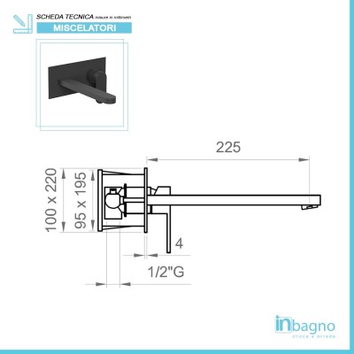 Miscelatore incasso lavabo da parete nero opaco bocca da 18 o 22,5 cm  Misura bocca miscelatore 180 mm