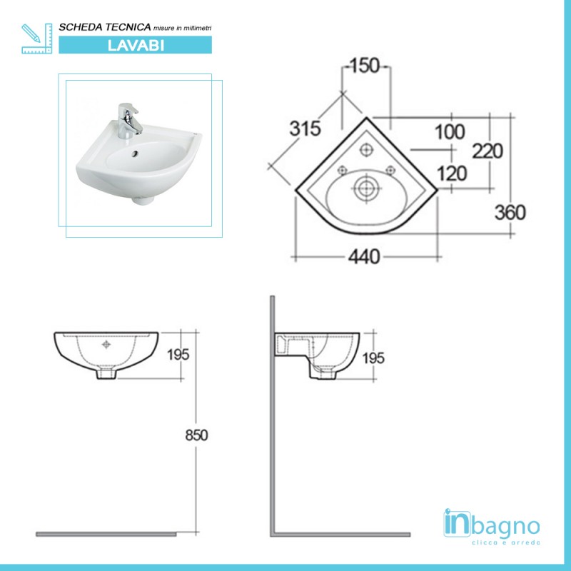 Lavabo sospeso ad angolo 44x36x19,5 lavandino per bagno salvaspazio I 