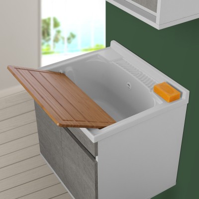 Lavatoio con mobile sospeso 60 cm cemento completo di vasca lavapanni e tavoletta in legno