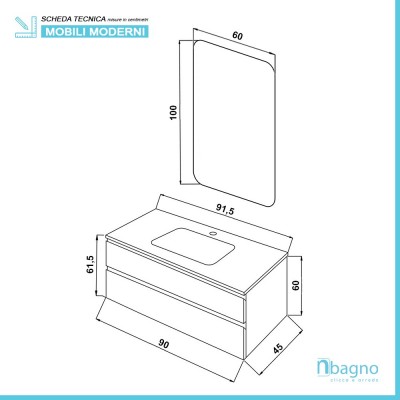 Mobile Bagno Sospeso Tortora Pastello 90x47 Arredo Moderno con Specchio Feridras - 5