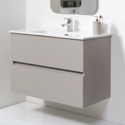 Mobile Bagno Sospeso Tortora Pastello 90x47 Arredo Moderno con Specchio Feridras - 10