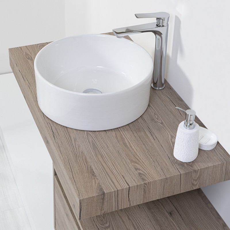 Mensola Bagno Lavabo Con Ciotola 90 Cm Effetto Legno Colore Castagno Lavabo Bagno 90 Cm