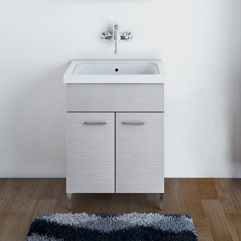 Mobile lavatoio grigio 60x50 cm con vasca e strofinatoio integrato in ceramica