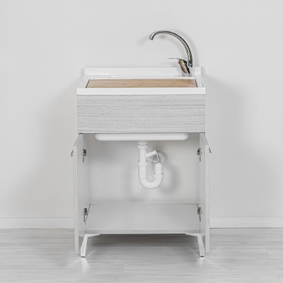Lavatoio con mobiletto 60x50 cm 2 ante grigio con asse lavatoio in legno e kit di scarico con sifone e piletta