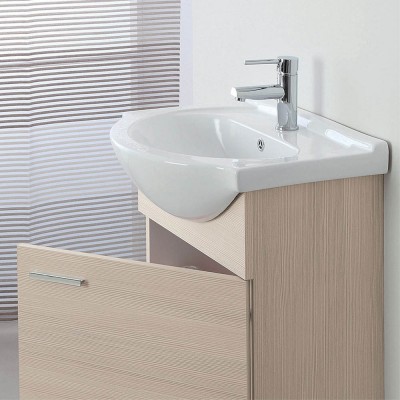 Mobile bagno sospeso 56x45 cm 1 anta larice con lavamani in ceramica e specchio da parete