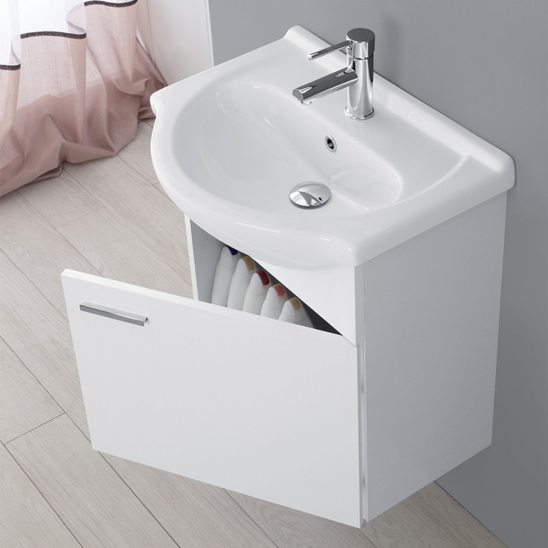 Mobiletto bagno sospeso 56x45 cm 1 anta bianco con lavabo e specchio