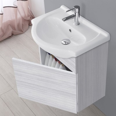 Mobiletto da bagno sospeso 56x45 cm 1 anta reversibile grigio con lavandino in ceramica bianca lucida e specchio filo lucido